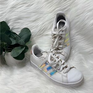 Adidas White Sneakers with Holographic Stripes